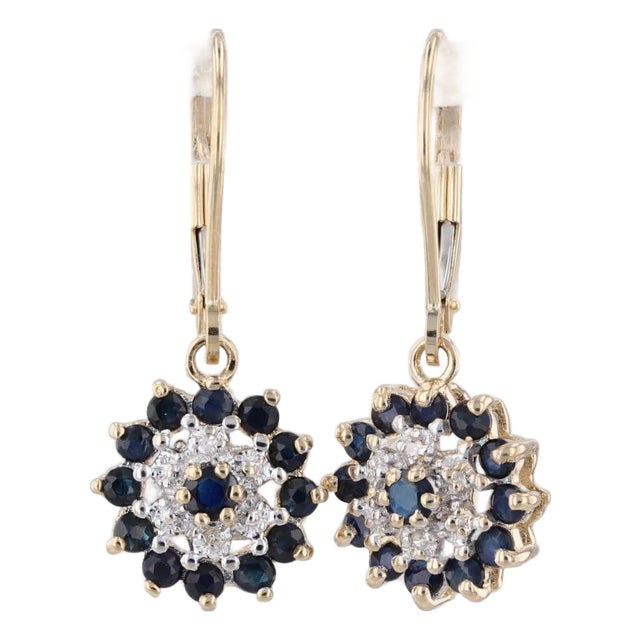Late 20th Century Pair of 0.96ctw Sapphire Diamond Flower Cluster Dangle Earrings 14k Gold Lever Backs For Sale