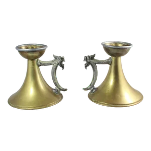 Vintage Brass Heraldic Chamber Candlestick Holders With Griffin Head Handles- Set of 2