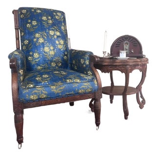 Antique Victorian Eastlake Walnut Armchair With Porcelain Casters & Blue Floral Upholstery For Sale