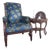 Antique Victorian Eastlake Walnut Armchair With Porcelain Casters & Blue Floral Upholstery For Sale