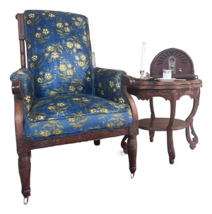 Antique Victorian Eastlake Walnut Armchair With Porcelain Casters & Blue Floral Upholstery