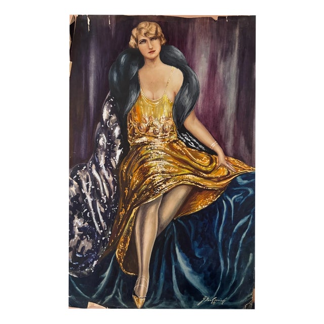 Carl H. Berberich, Elegant Lady in Gold Dress, Oil Painting on Canvas For Sale