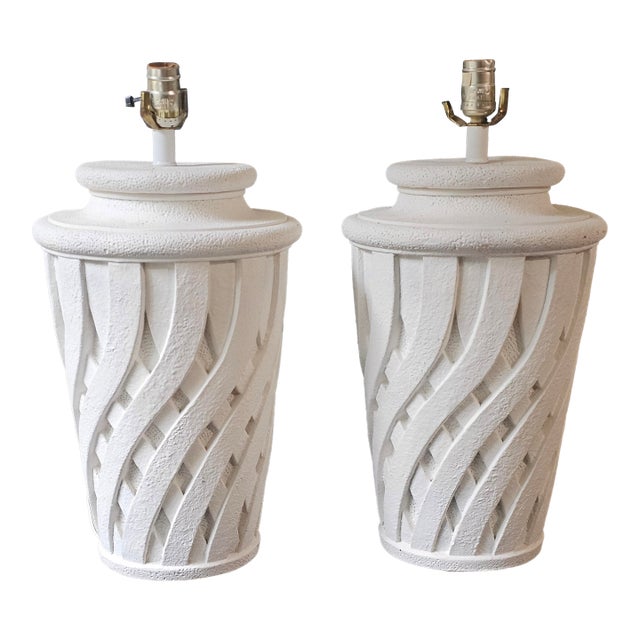 1980s a Pair of Postmodern Ceramic and Plaster Lattice Coastal Lamps For Sale