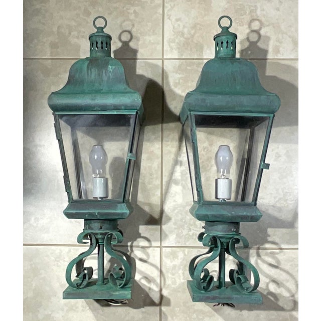 1970s Pair of Vintage Solid Brass Post Lanterns. 27”h X 8”.5 X 8”.5 For Sale - Image 5 of 16