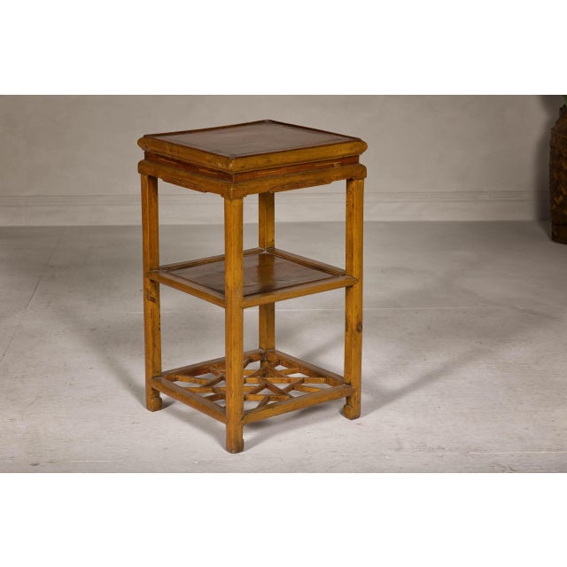 Qing Dynasty Three-Tier Accent Lamp Table with Geometric Shelf For Sale - Image 12 of 12