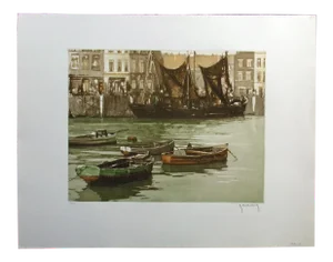 Roger Hebbelinck Vintage Aquatint Etching of Boats in European City