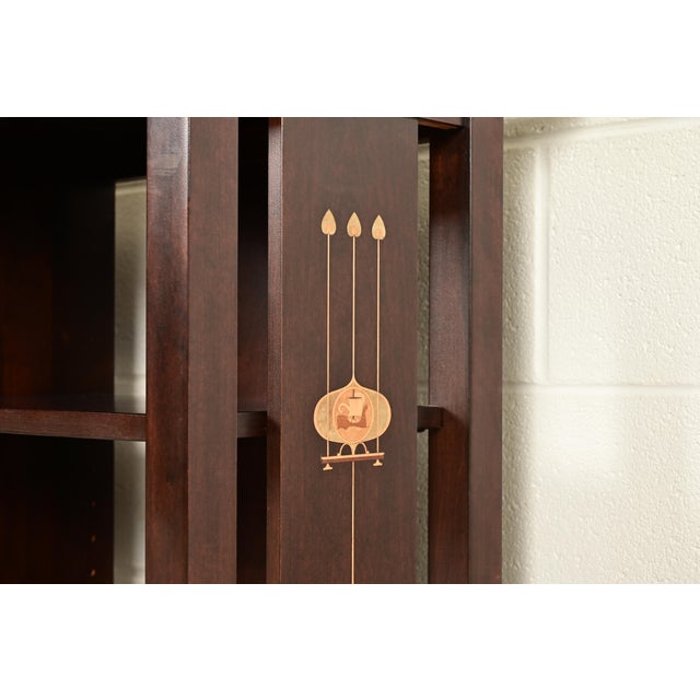 Wood Stickley Harvey Ellis Collection Mission Arts & Crafts Inlaid Cherry Wood Slatted Triple Bookcase For Sale - Image 7 of 12