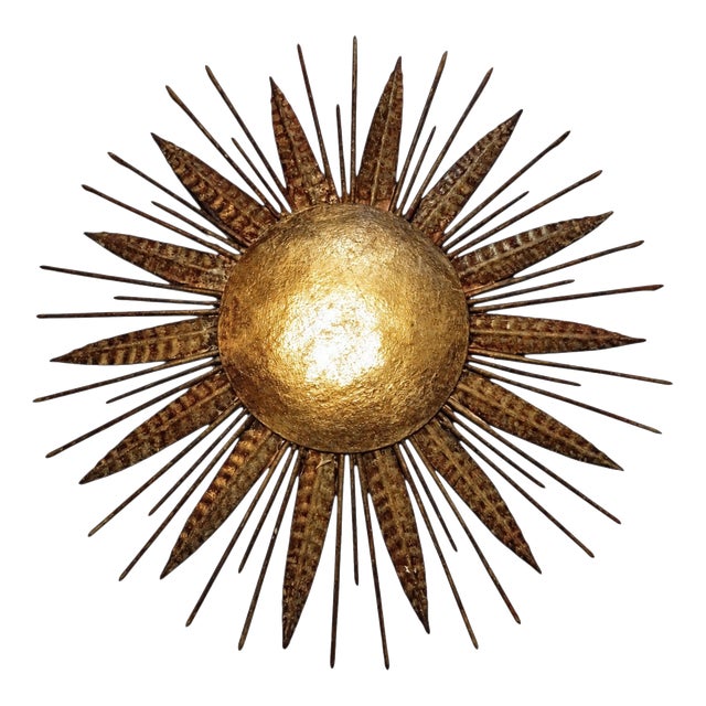 Vintage Gilt Sunburst Wall Light with Textured Dome, 1950s For Sale