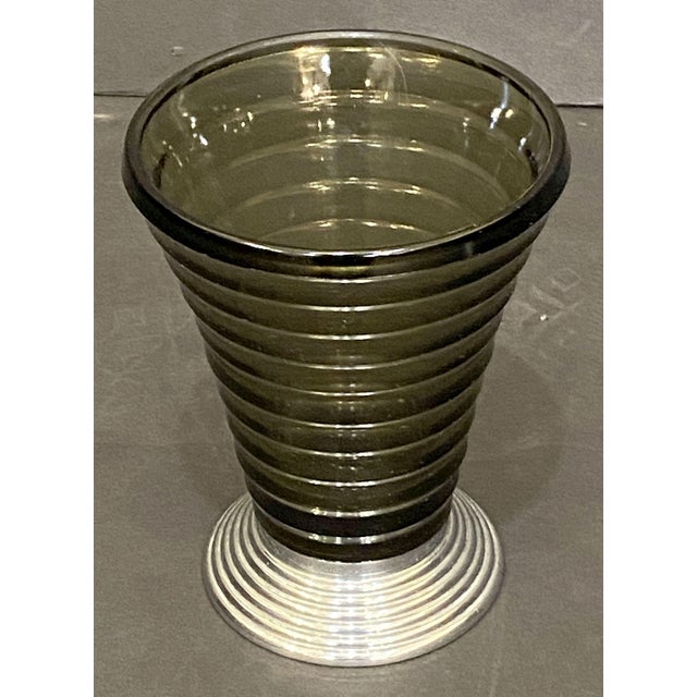 Art Deco Vases of Ribbed Smoked Glass and Chrome - From France (Two Available) For Sale In Austin - Image 6 of 15