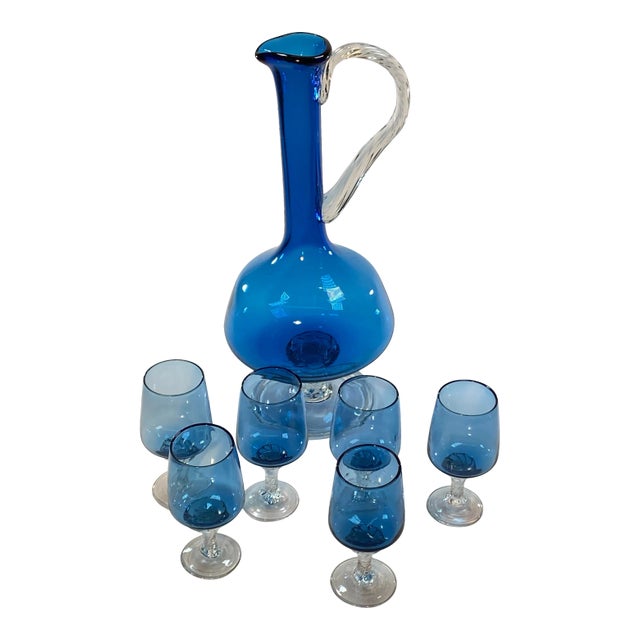 1960s Vintage Mid-Century Modern Italian Vimax Creations Blue Hand Blown Decanter & Cordial Digestif Glass Set - 7 Pieces For Sale