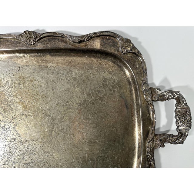 Victorian Mid 20th Century Victorian Silverplate Serving Tray: Etched Floral Cartouche, Decorative Handles For Sale - Image 3 of 10