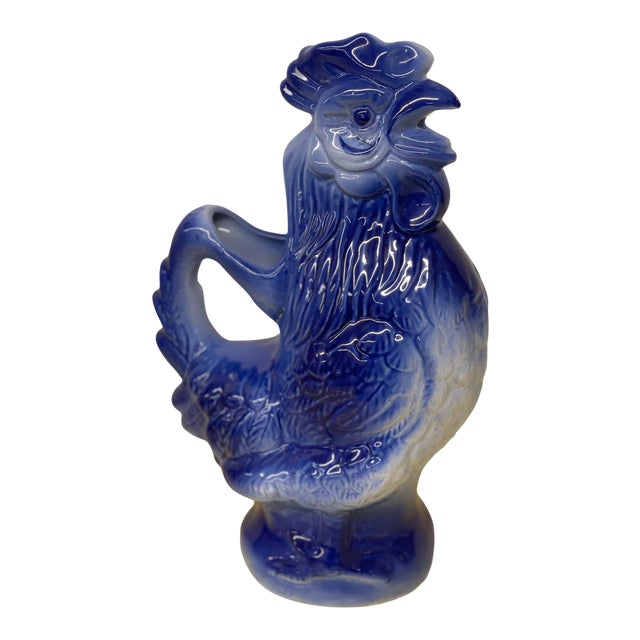 Vintage Mid 20th Century Blue Pottery Glazed Rooster Pitcher For Sale