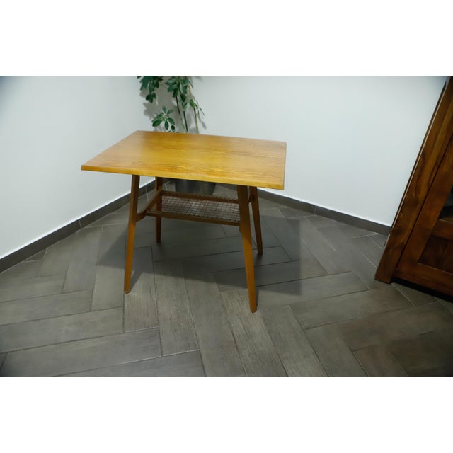 Wood Brussels Table with Red Woven Shelf by Dřevopodnik Holešov, 1960s For Sale - Image 7 of 14