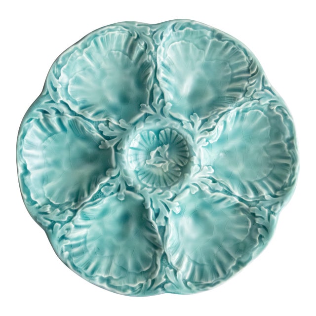 Vintage French Gien Turquoise Majolica Oyster Plate For Sale