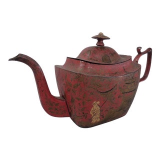 Antique Georgian Red Tole Peinte or Toleware Teapot with Chinoiserie Decoration For Sale