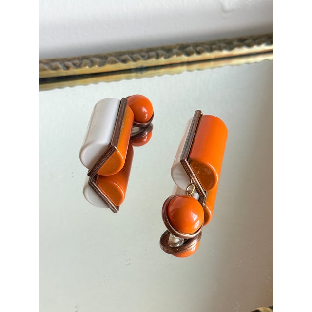 Mid-Century Modern Vintage 1960s Mod Geometric Clip on Earrings Orange White, Attributed to Pierre Cardin, A Pair For Sale - Image 3 of 12