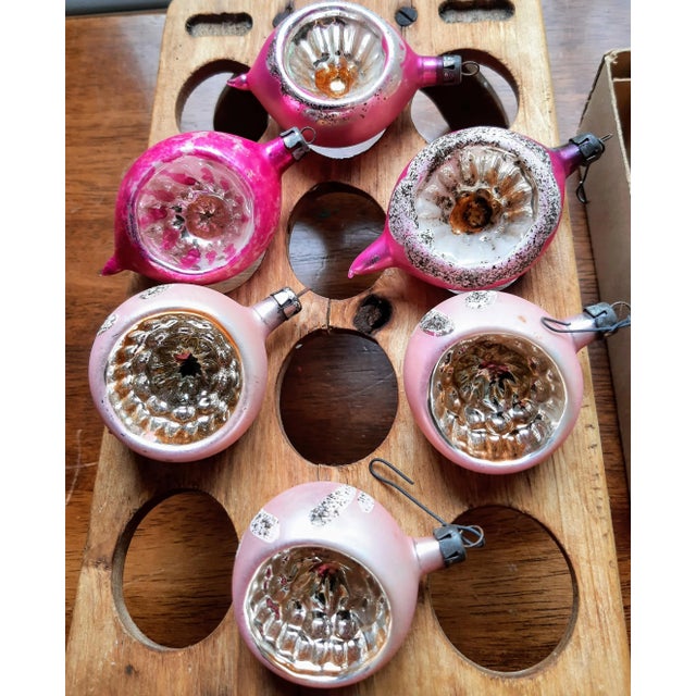 Rustic European Christmas Box Pink Mercury Glass Ornaments Set 12 For Sale - Image 3 of 13