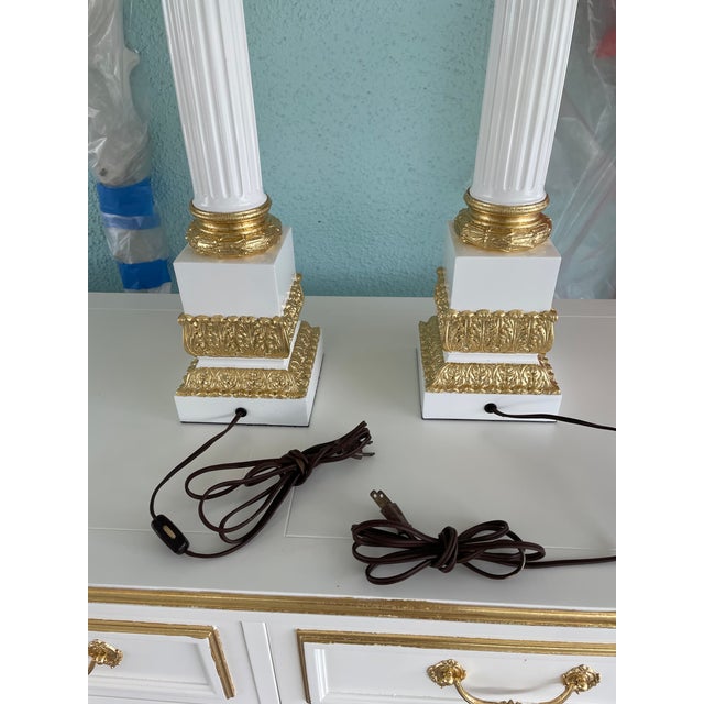 1970s Hollywood Regency Neoclassical Column Table Lamps – White Lacquer & Gilt Gold Leaf - a Pair For Sale - Image 9 of 9