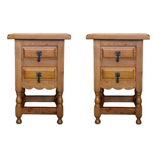 Mid 20th Century Pair of Spanish Honey Tone Narrow Nightstands with two drawers For Sale