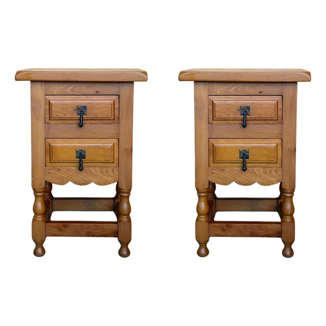 Mid 20th Century Pair of Spanish Honey Tone Narrow Nightstands with two drawers For Sale