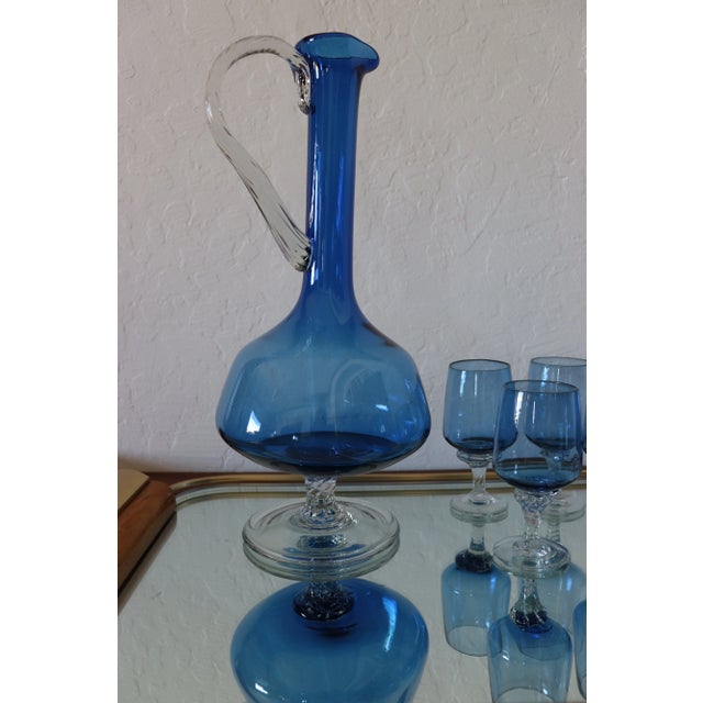 Vimax Creations Mid Century Modern Blue Hand Blown Art Glass This is a beautiful mid century set consisting of a decanter...