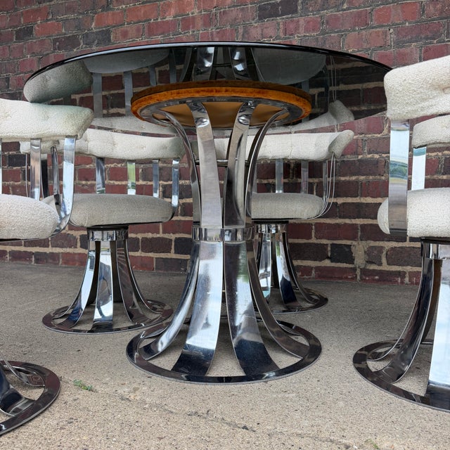 Mid 20th Century Vintage Russell Woodard Style Chrome Swivel Dining Set With Smoked Glass Top For Sale - Image 5 of 12