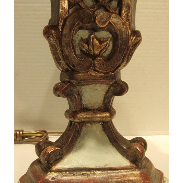 1970s Italian Baroque Style Hand Carved Wood Lamps Silk Shades - a Pair For Sale - Image 10 of 17