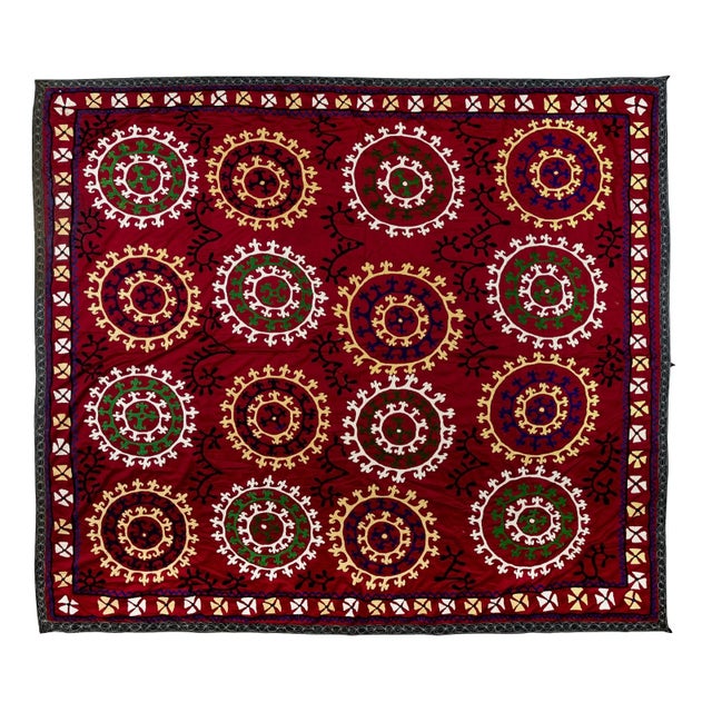 2020s 6.8x7.2 Ft Vintage Silk Hand Embroidery Bed Cover, Asian Suzani Wall Hanging, Tablecloth For Sale - Image 5 of 5