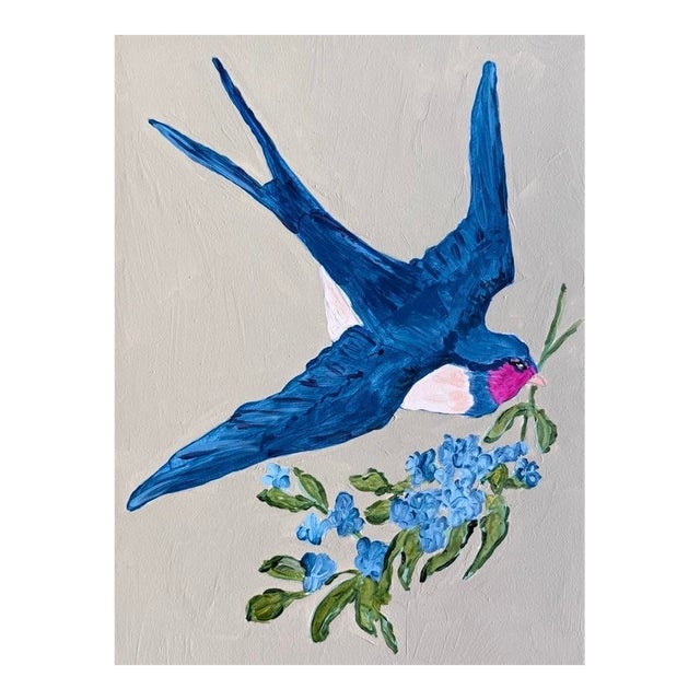 Contemporary “Love Letters in Flight: Floral Courier” by Dorothy Collier - Original Acrylic Painting on Board 12x16” Bird Flying With Flowers Wall Art For Sale