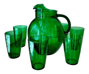 Mid 20th-Century Anchor Hocking Roly-Poly Forest Green Beverage Set- 7-Pieces