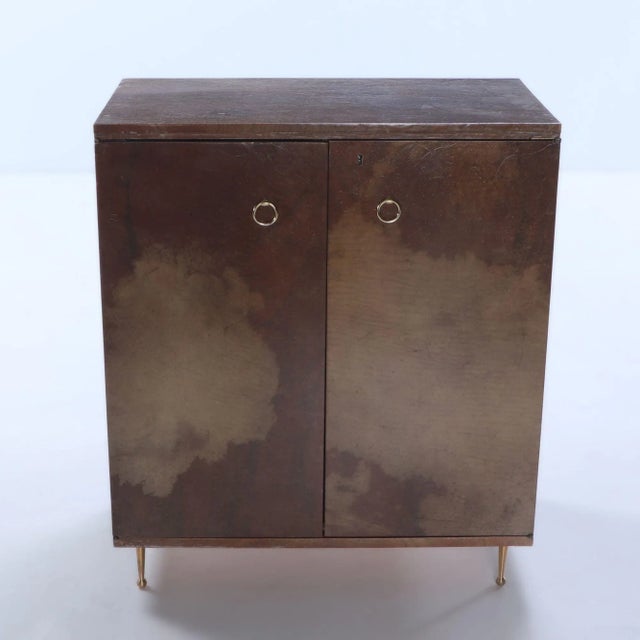 Mid-Century Modern Pair Parchment Covered Two Door Cabinets C 1950 Having Adjustable Shelves and Bronze Ring Hardware and Feet. For Sale - Image 3 of 12