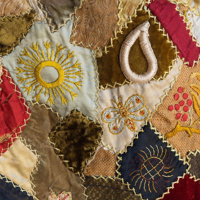 Textile Antique Victorian Crazy Quilt, Hand Embroidered Silk and Velvet Patchwork Quilt, 19th Century For Sale - Image 7 of 18