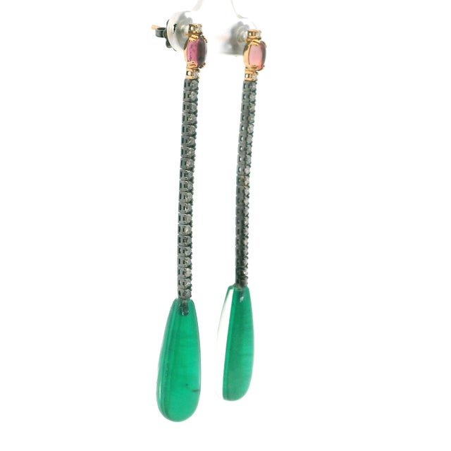 Italian 18k Two-Tone Tourmaline and Diamond Long Drop Earrings, Pair For Sale - Image 4 of 11