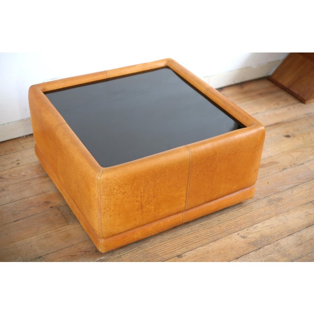 Vintage Coffee Table in Leather and Black Glass, 1970s For Sale - Image 6 of 16
