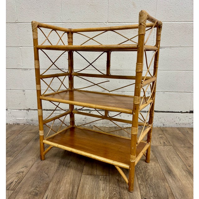 Brown Vintage Boho Bent Rattan Small Etagere Bookshelf Bookcase For Sale - Image 8 of 9
