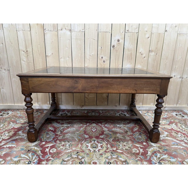 Brown Louis XIII Style Flat Desk in Walnut and Leather For Sale - Image 8 of 9