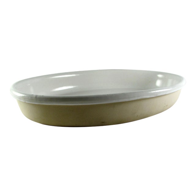 13-3/8" Bennington Potters Glossy White Matte Tan Oval Baker Serving Bowl For Sale
