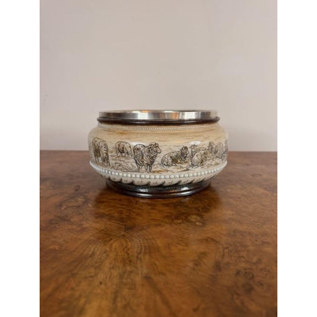 Antique Silver Rimmed Stoneware Bowl by Hannah Barlow for Royal Doulton, 1880 For Sale - Image 6 of 7