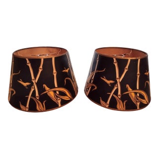 Vintage 1970's Forest Green Paper Uno Drum Lamp Shades With Gold Faux Bamboo Designs - a Pair For Sale