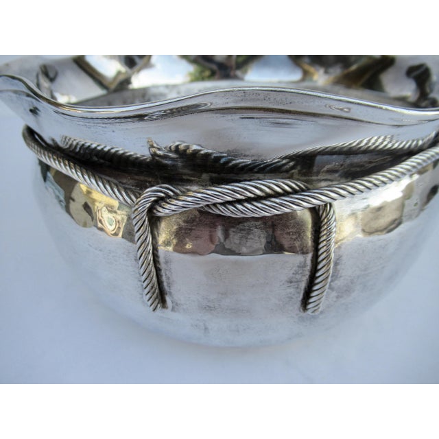 Silver Vintage Mid-Century "Made in India" Hammered Silverplate Tassel Roped Cachepot/Decorative Center Bowl For Sale - Image 8 of 13