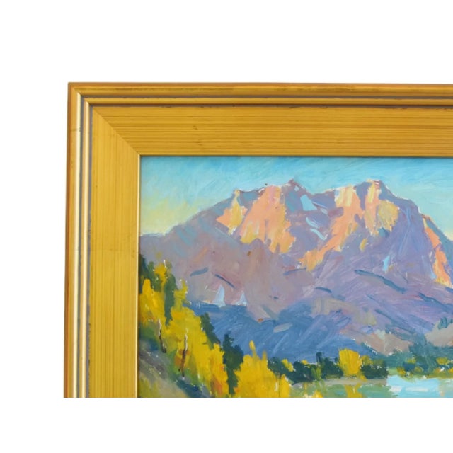 Impressionist Mountain and Lake Landscape by Listed Artist Silvio Silvestri Oil Painting Including the Antiqued Gold Wood Frame For Sale - Image 4 of 9