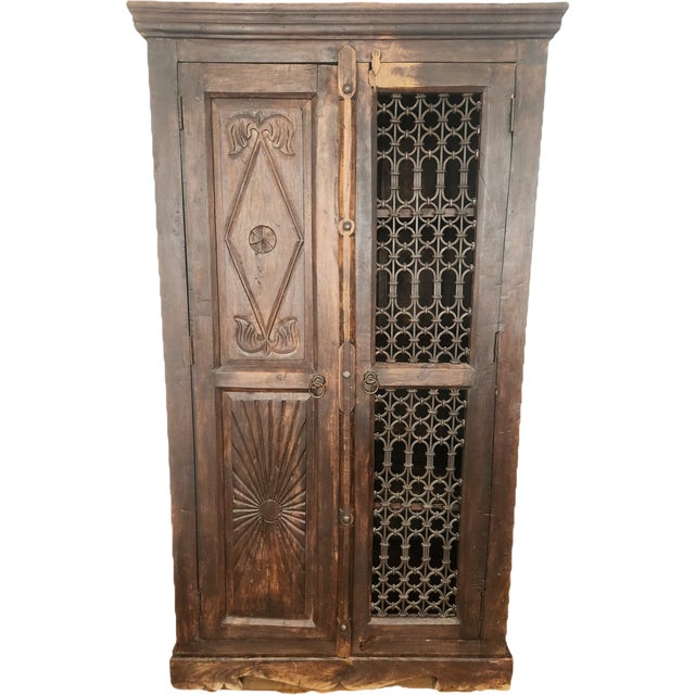 Rococo Antique Hand-Carved Wood Wardrobe with Carved Doors and Iron Grille, Bali, Indonesia, 1920s For Sale - Image 3 of 18