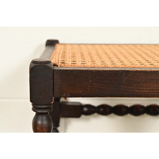 Berkey & Gay Style Antique English Jacobean Carved Walnut and Cane Stool or Ottoman, Circa 1920s For Sale In South Bend - Image 6 of 8