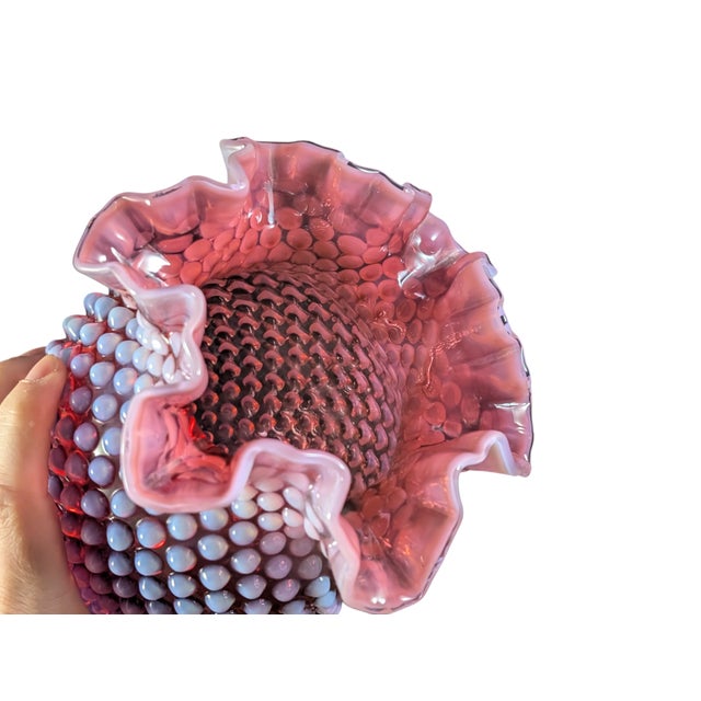 Fenton Art Glass Company Large Midcentury Fenton Cranberry Hobnail Opalescent Vase 7.5" For Sale - Image 4 of 7