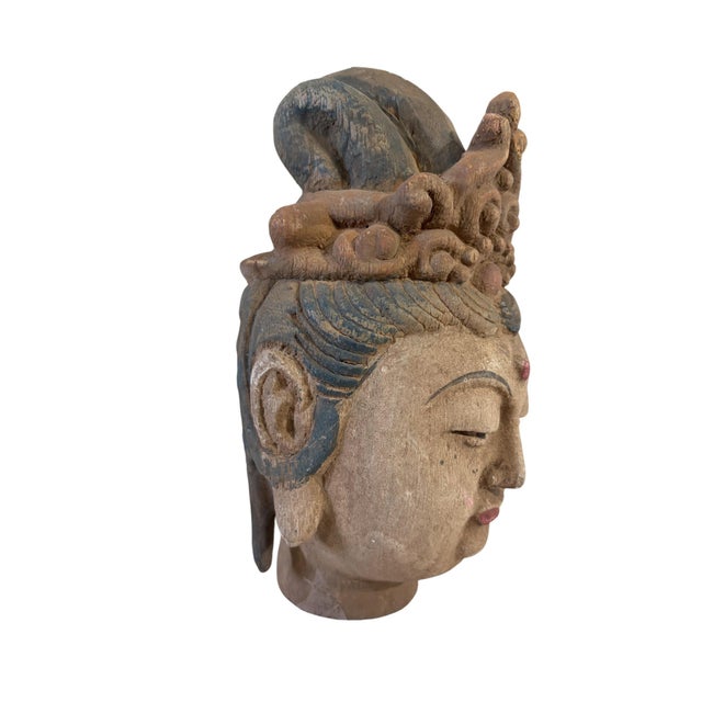 1980s Vintage Asian Carved Wood Guanyin Head 9" H For Sale - Image 5 of 7