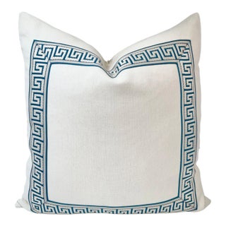 Chinoiserie Indigo Blue Greek Key Trim, Natural Off White Belgium Linen Pillow Cover For Sale