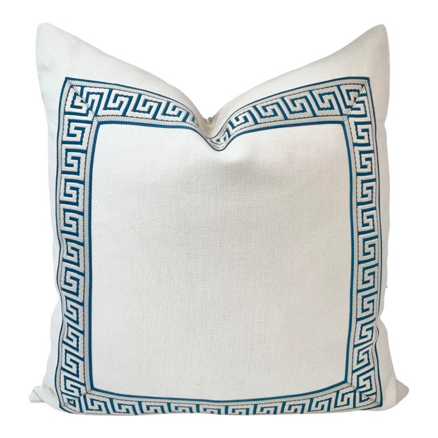 Chinoiserie Indigo Blue Greek Key Trim, Natural Off White Belgium Linen Pillow Cover For Sale