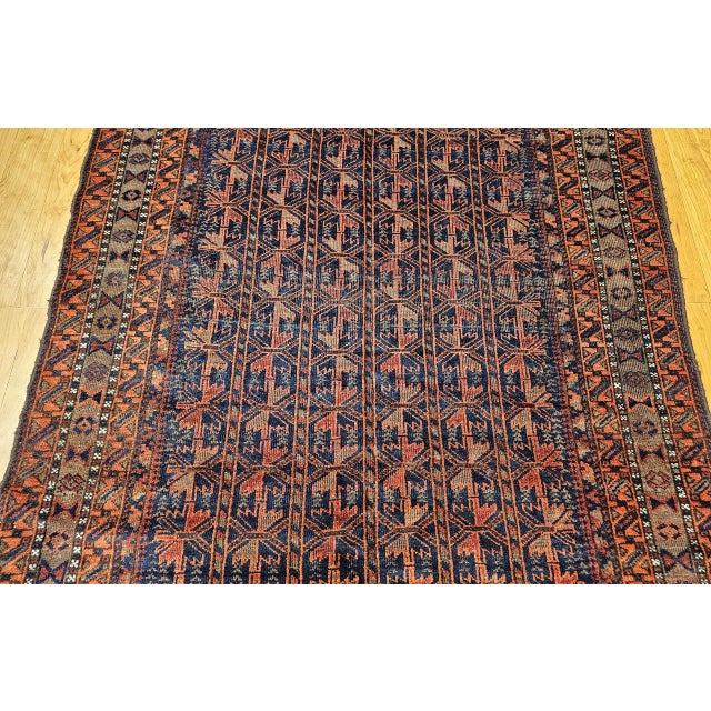 Early 20th Century Vintage Baluch Tribal Area Rug in Allover Geometric Pattern in Navy Blue, Brown, Dark Red For Sale - Image 5 of 18