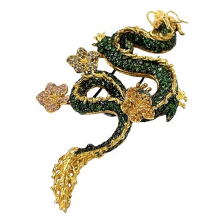 Bochic Dragon Vintage Sapphire & Tasvorite Brooch Set In 18K Gold & Silver For Sale
