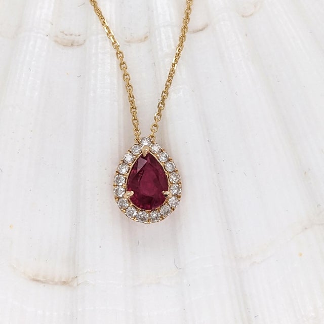 Modern Ruby Pendant W Earth Mined Diamonds in Solid 14k Yellow Gold Pear 7x5mm For Sale - Image 3 of 6